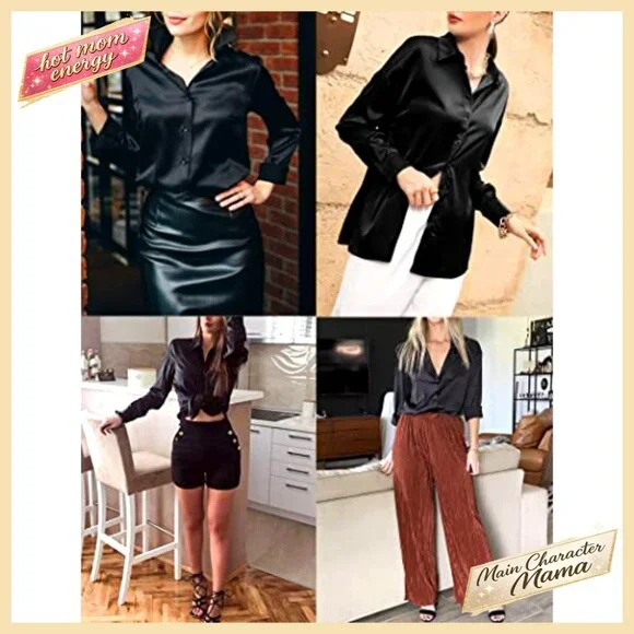 Satin Button Down Shirt Long Sleeve V Neck Blouse Business Casual Tunic